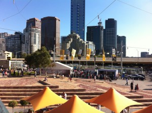 Federation Square and Melbourne skyscrapers