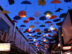 Umbrellas above a restaurant street