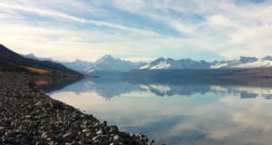 Lake Pukaki shore and snow-capped mountains