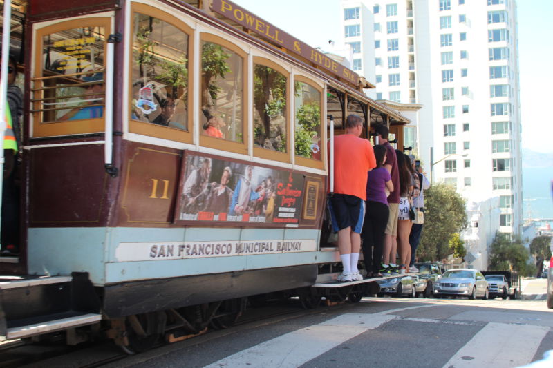 San Francisco cable car and tourists