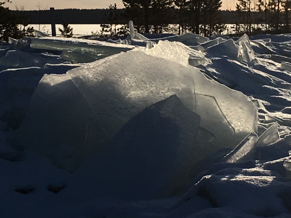 A huge flower made of ice. Ice sculptures in winter Finland