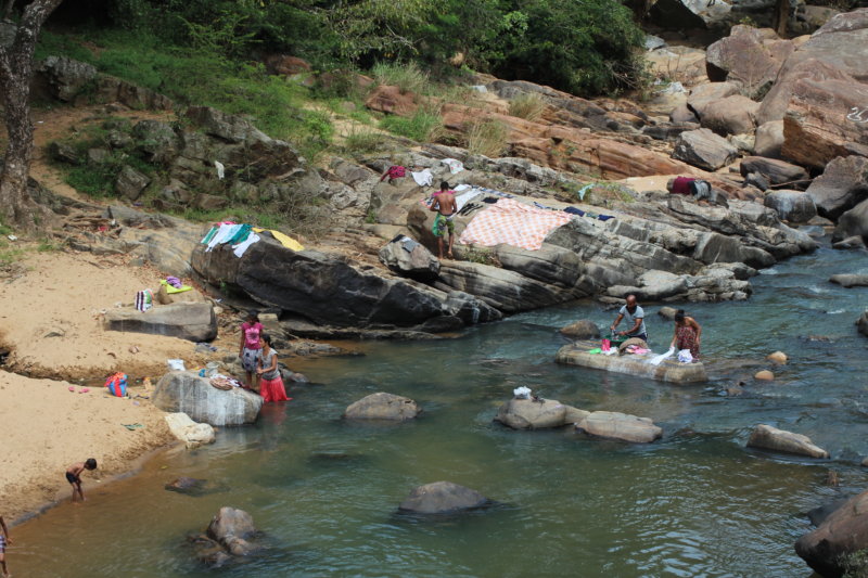 Washing in river, drying on riverbank Laundry day, Sri Lanka tea country