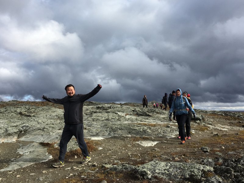 University of Tampere students hiking in Kilpisjärvi Reaching the top of Saana fell, Lapland