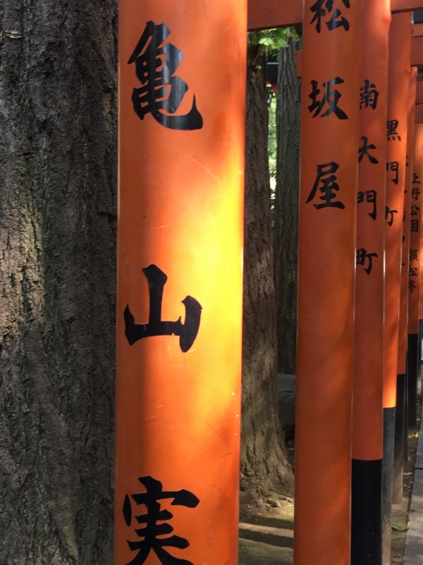 Red poles showing the way to shrine Gojoten shrine gate, Ueno Park