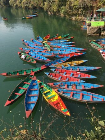 Pokhara lakeside colored boats