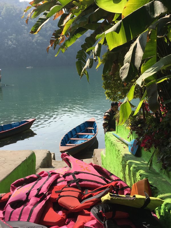 Lake Phewa boat rental Pokhara lakeside life vests and boats