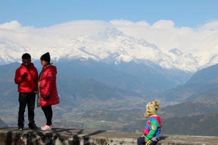 Sarangkot visitors and snow-capped Himalayas