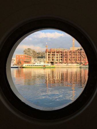 River cruising in Europe: Antwerp from barge window
