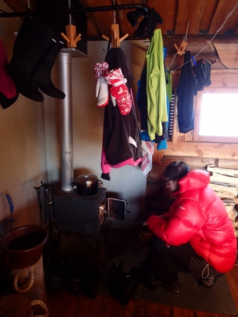 Ski tour in Lapland, drying clothes in the hut