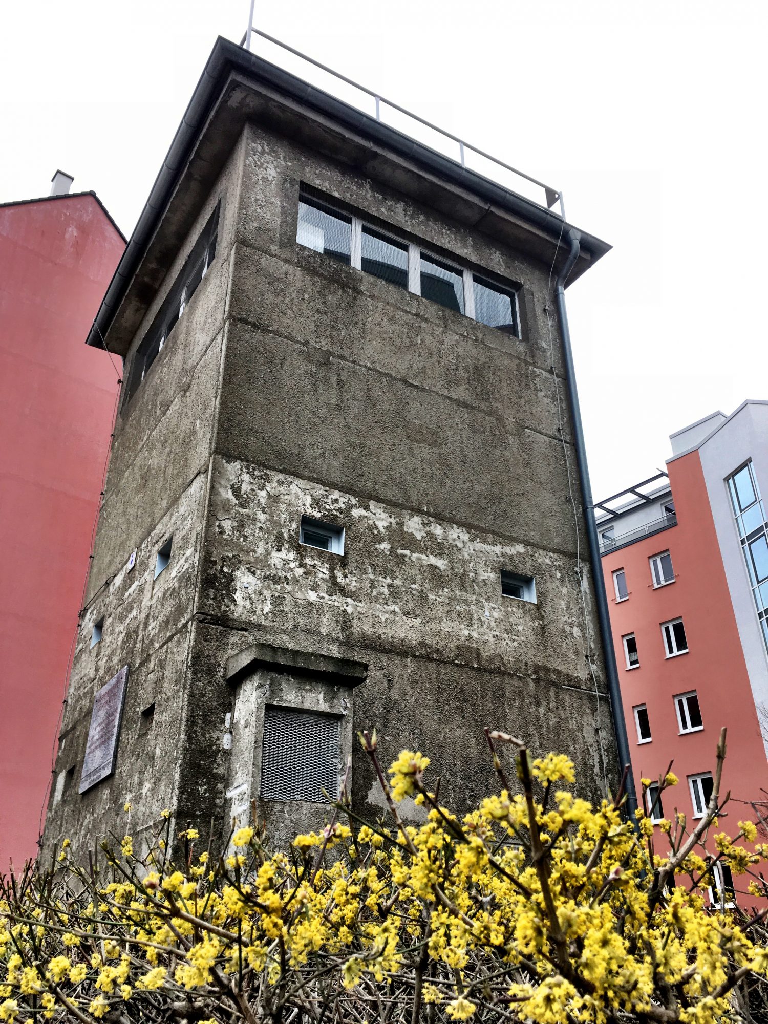 Walking along the Berlin Wall, a watch tower