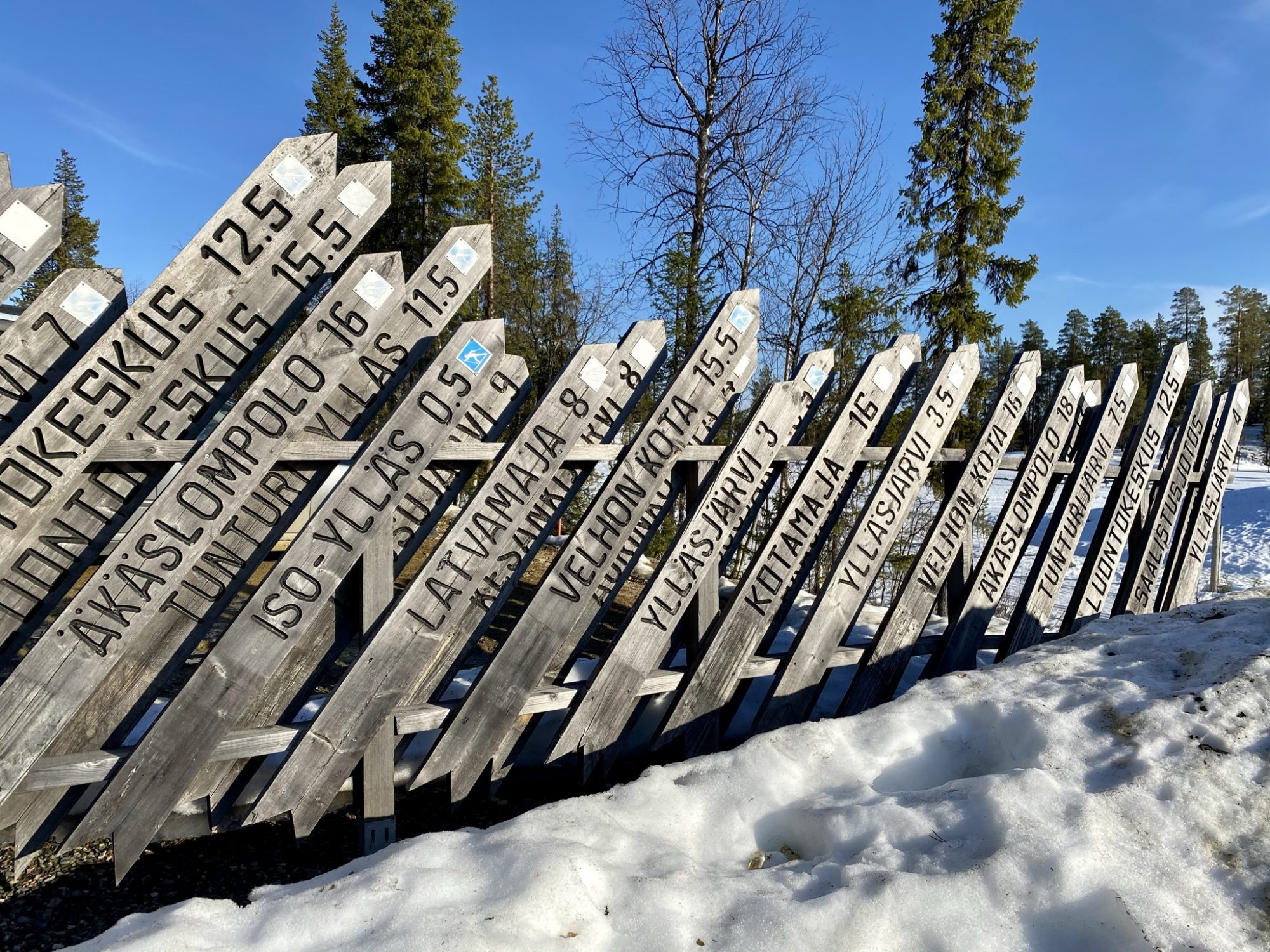 Arctic Lapland spring: ski track signs of Ylläs