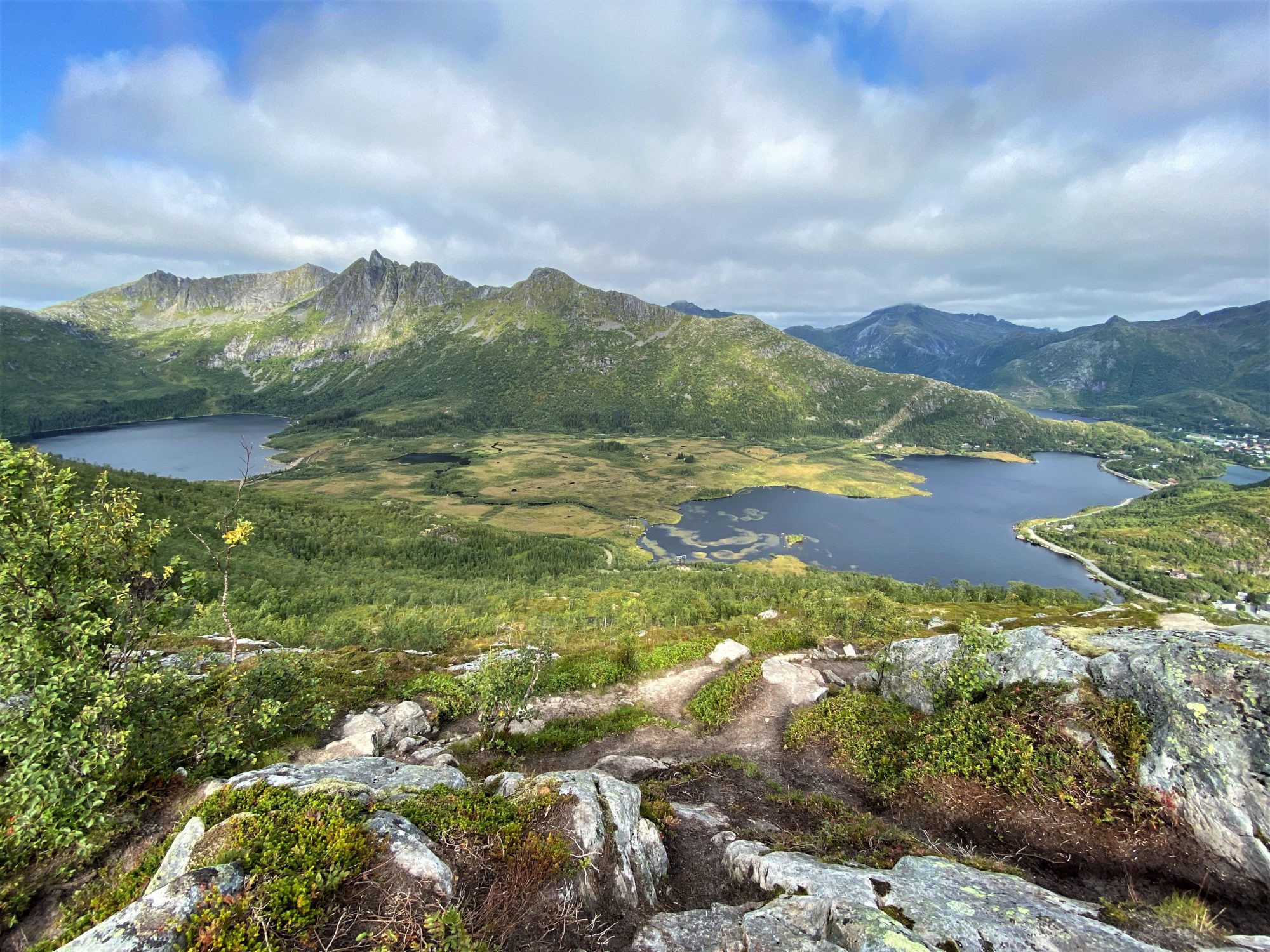 View from Tjeldbergtinden to mountain lakes